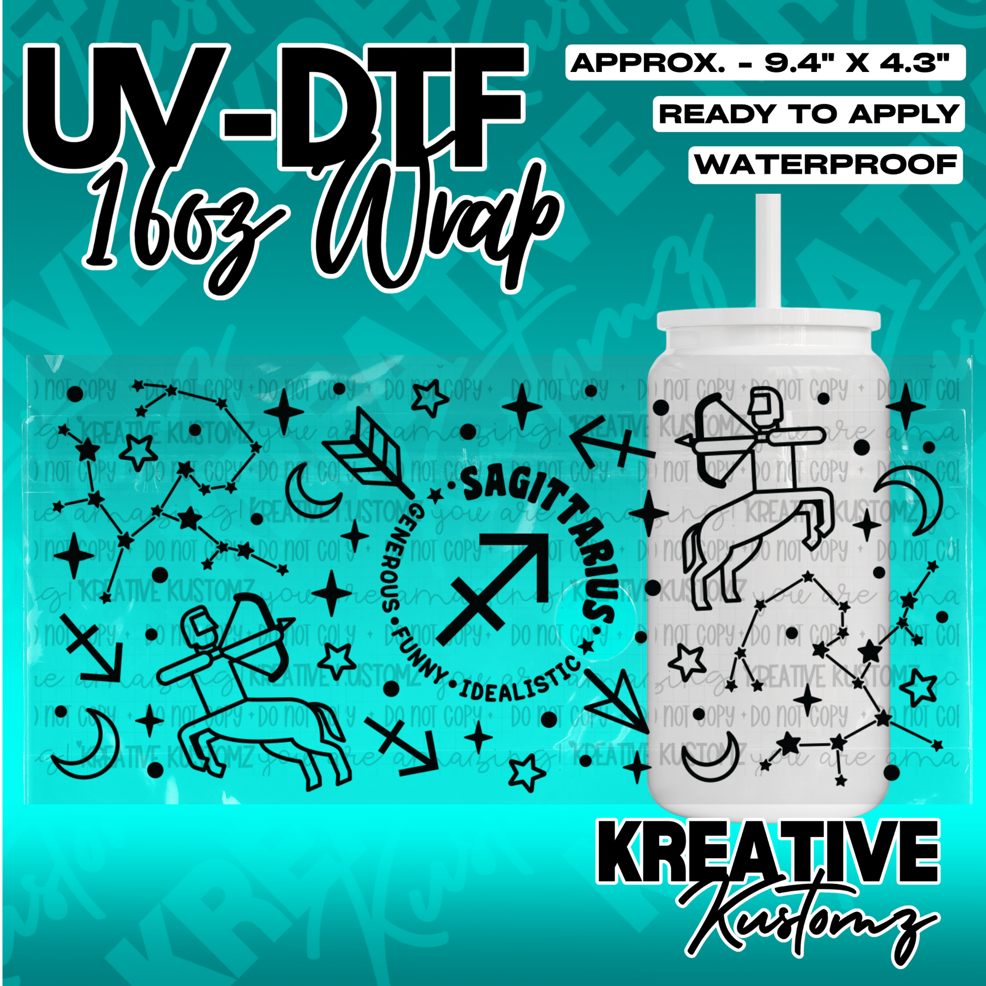 A Sagittarius themed UV DTF adhesive wrap for a 16oz glass cup featuring zodiac designs.