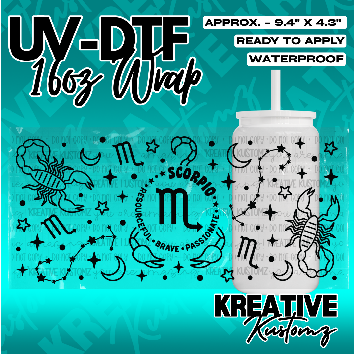 A black Scorpio themed UV DTF adhesive wrap for a 16oz glass cup featuring scorpions and stars.