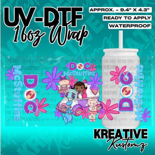 A Doc McStuffins themed UV DTF adhesive wrap for a 16oz glass cup.