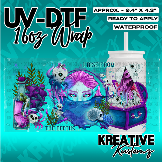 A UV DTF cup wrap featuring a mermaid, skulls, and a treasure chest for 16oz glass cans.