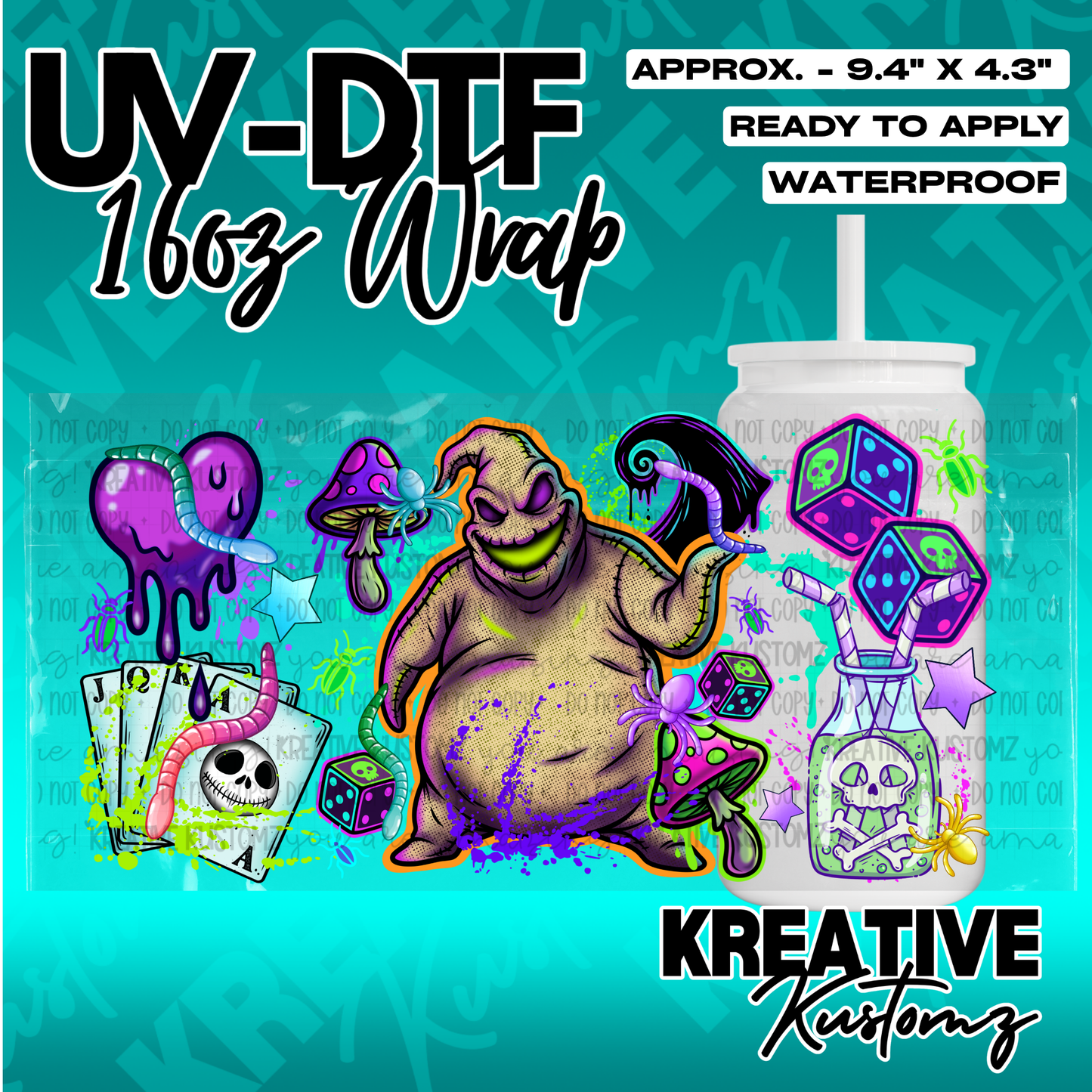 A UV DTF cup wrap featuring Oogie Boogie, dice, playing cards, and mushrooms on a teal background.