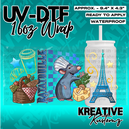 A Ratatouille themed UV DTF adhesive wrap for a 16oz glass cup featuring Remy, cheese, and Paris.