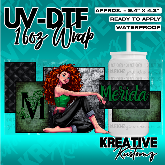 A UV DTF adhesive wrap for 16oz glass cups featuring a Merida character design.