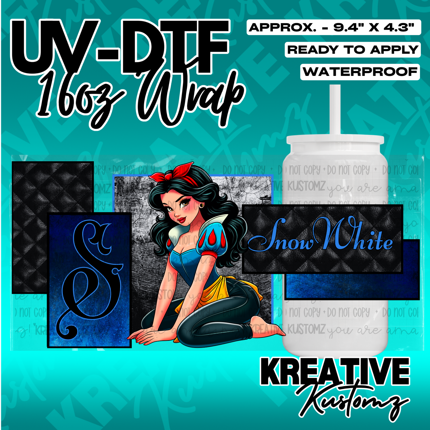 A UV DTF adhesive wrap for 16oz glass cans featuring a Snow White design on a black background.