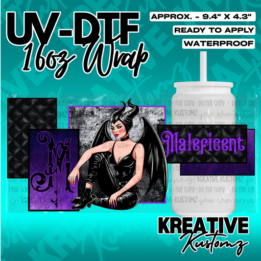 A Maleficent themed UV DTF wrap for a 16oz glass cup featuring a character illustration.