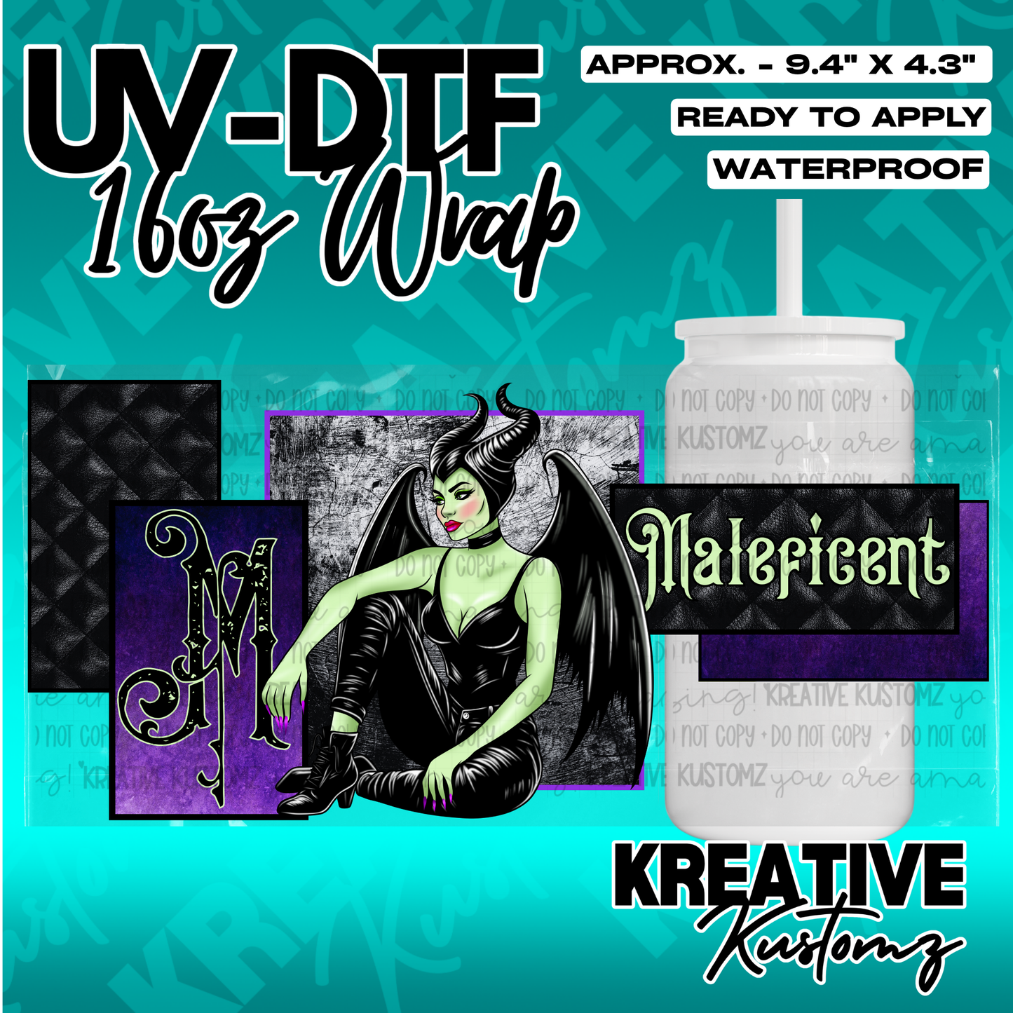 A Maleficent themed UV DTF adhesive wrap for a 16oz glass cup featuring a character illustration.