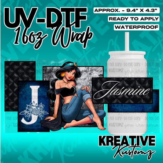 A UV DTF cup wrap featuring Princess Jasmine, a floral letter J, and a quilted black pattern.