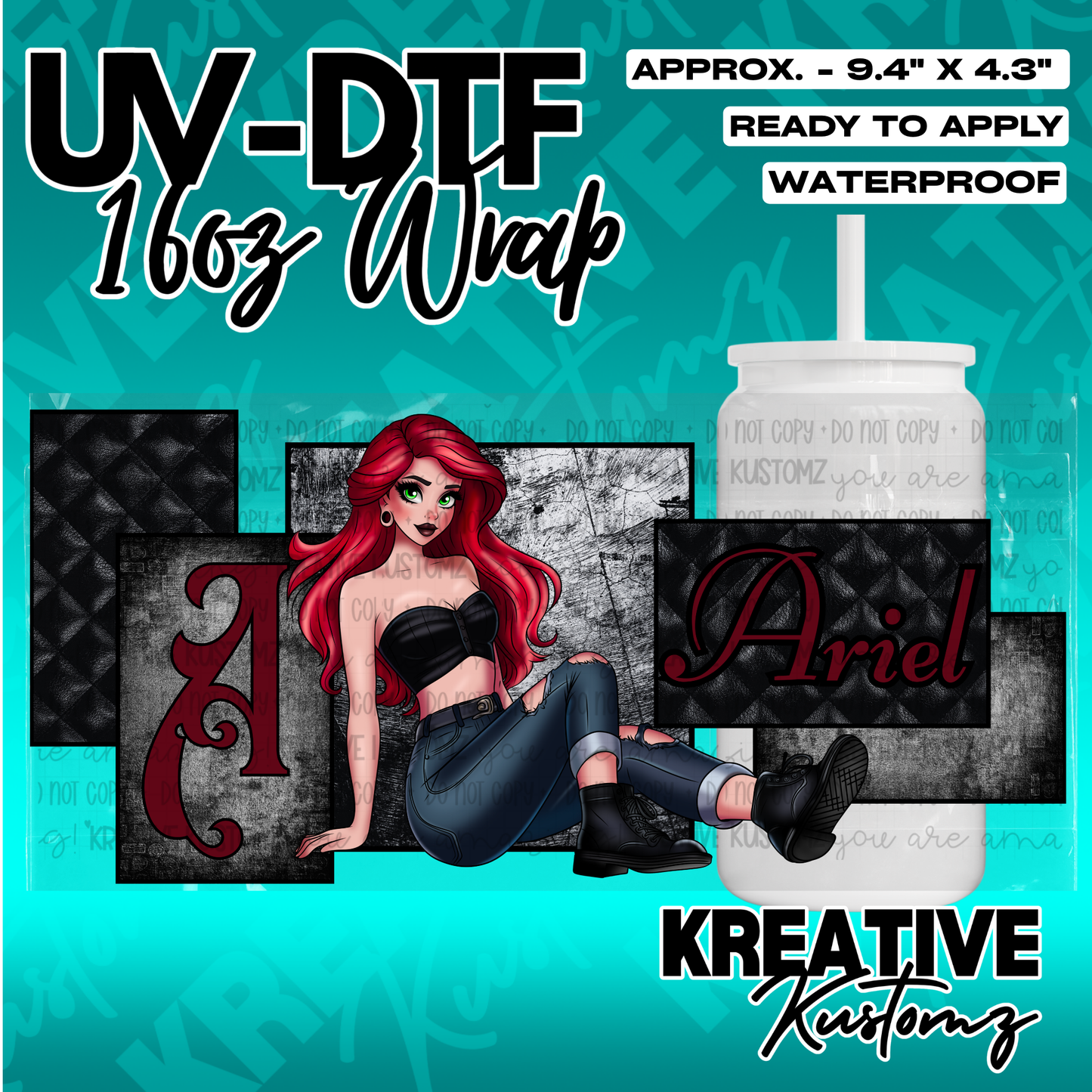 A UV DTF adhesive wrap for a 16oz glass cup featuring an illustration of Ariel.