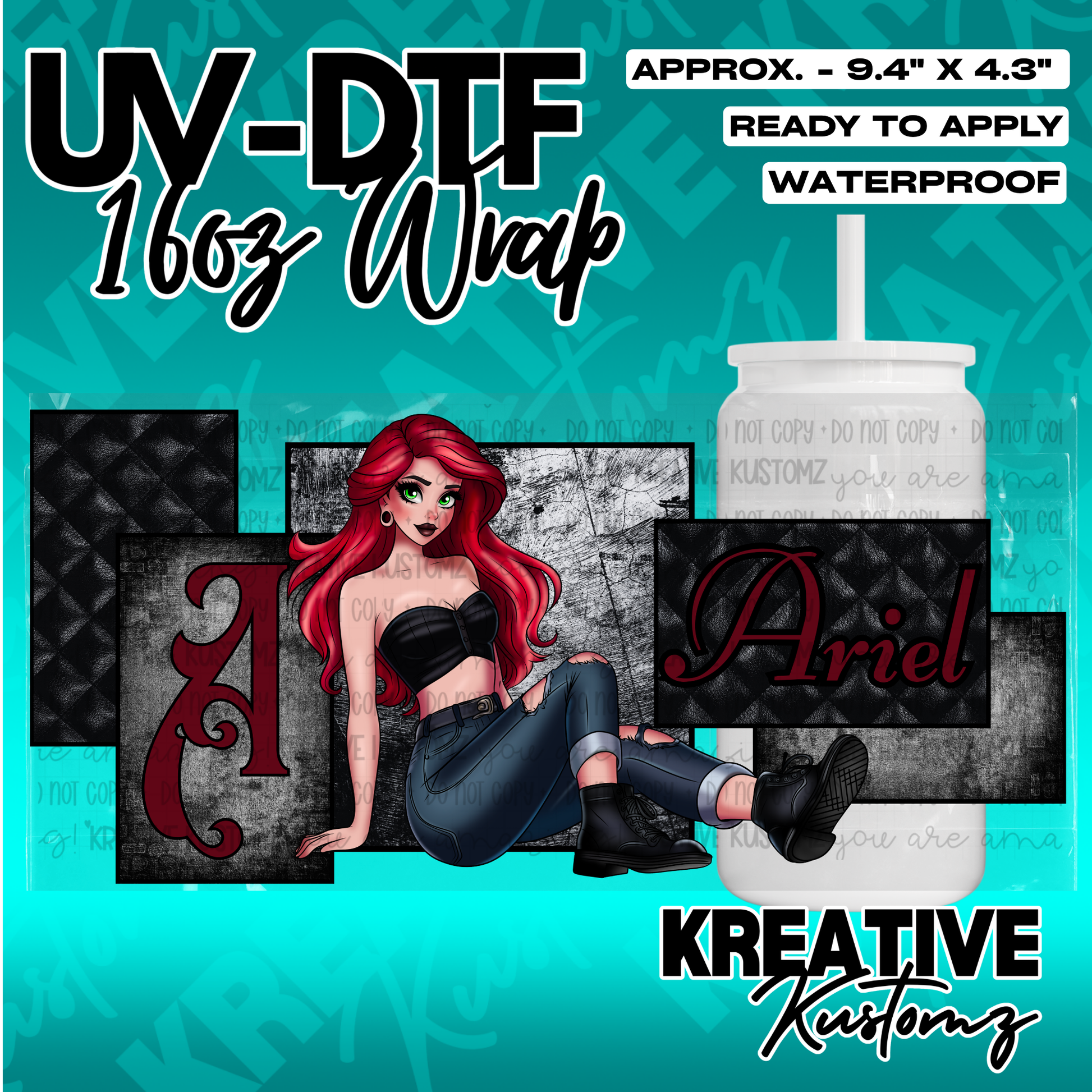 A UV DTF adhesive wrap for a 16oz glass cup featuring an illustration of Ariel.