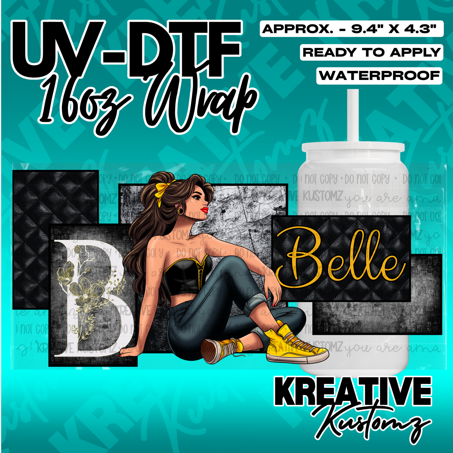 A UV DTF adhesive wrap for a 16oz glass cup featuring a Belle-inspired character design.