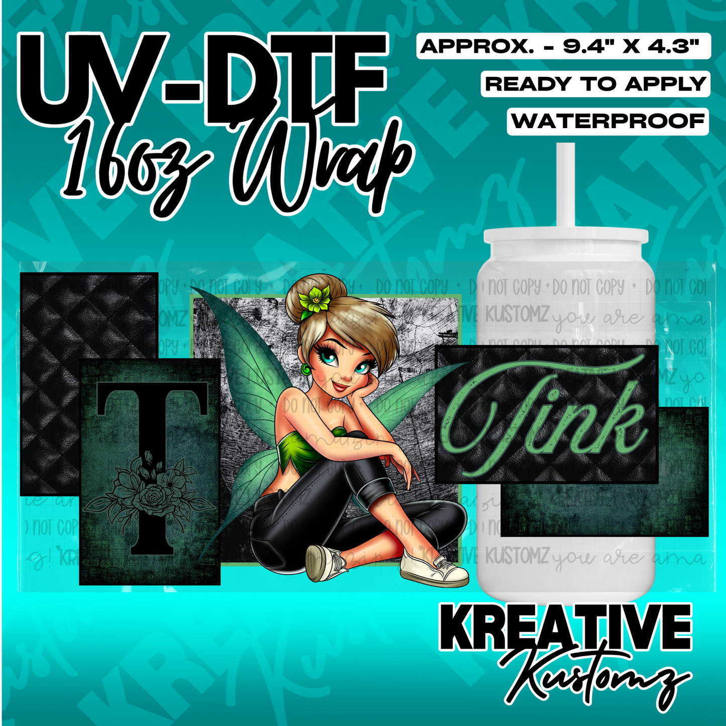 A UV DTF adhesive cup wrap featuring a Tinker Bell design for 16 ounce glass cans.