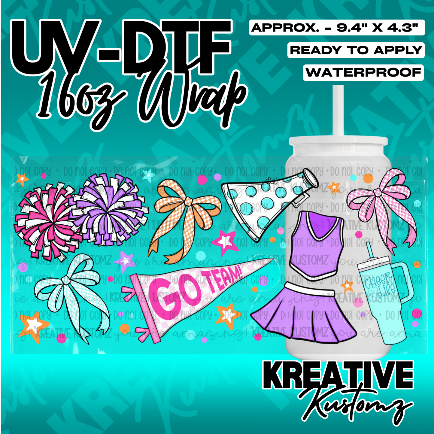 A cheerleading themed UV DTF adhesive wrap for 16oz glass cups featuring pom-poms and bows.