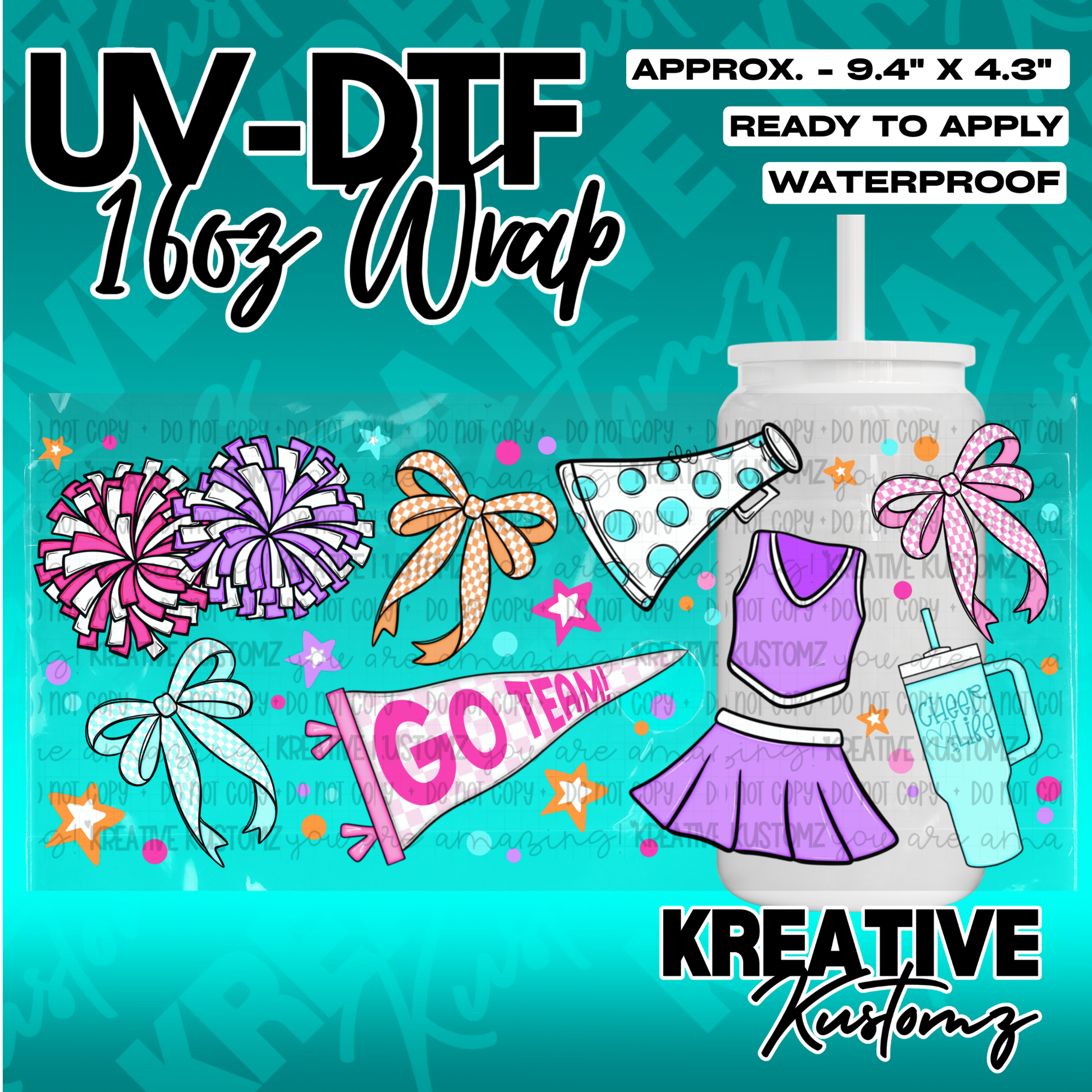A cheerleading themed UV DTF adhesive wrap for 16oz glass cups featuring pom-poms and bows.