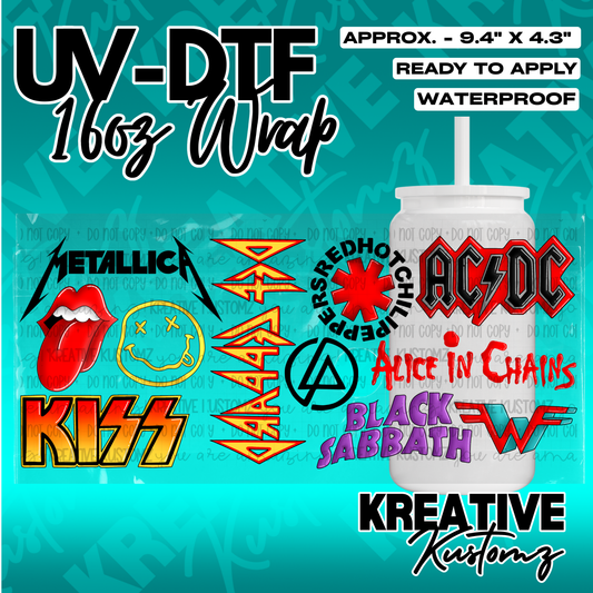 A UV DTF adhesive wrap for 16oz glass cans featuring various rock band logos and icons.