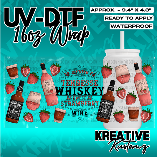 A UV DTF cup wrap featuring Jack Daniels bottles, wine glasses, and strawberries.