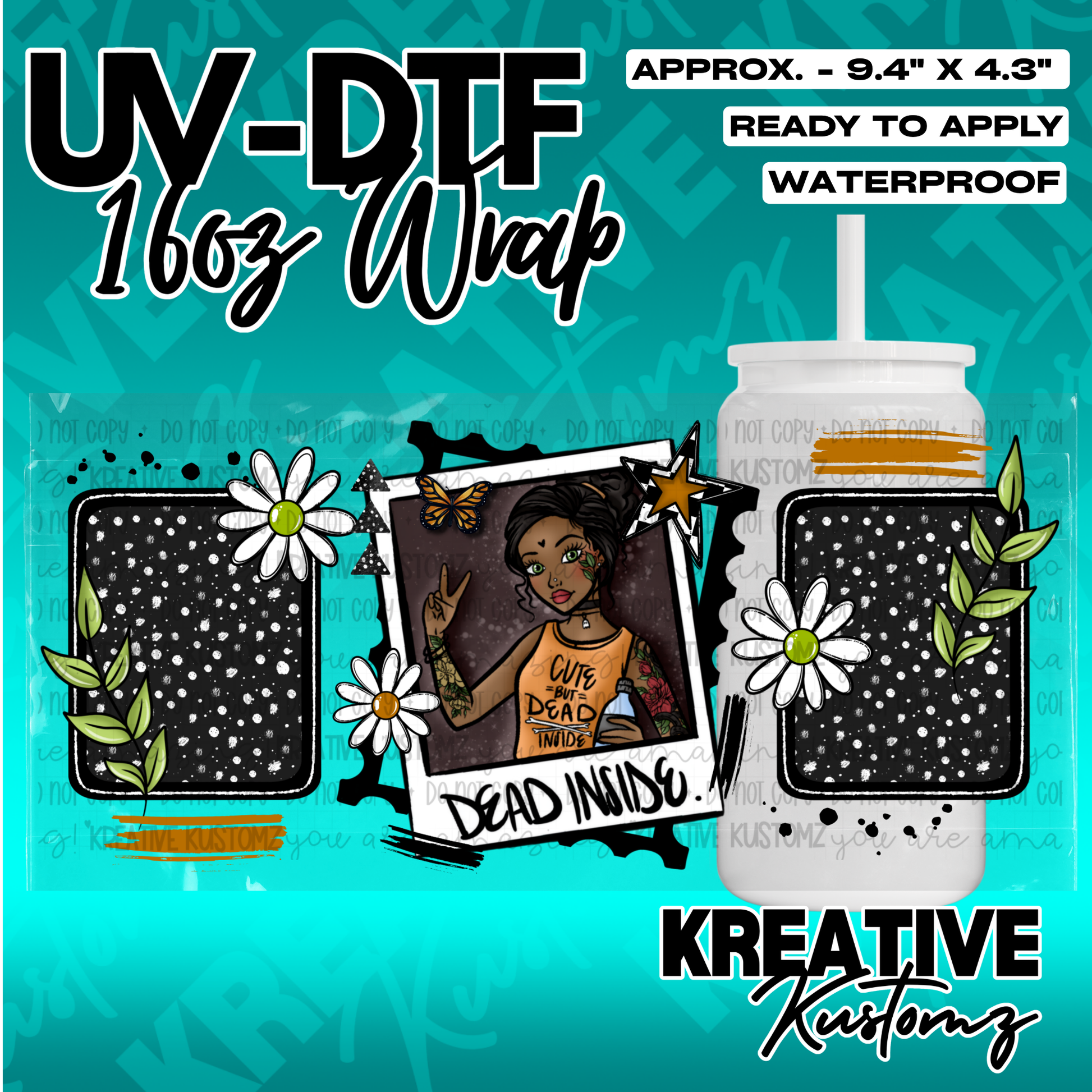 A UV DTF adhesive wrap for 16oz glass cans featuring a polaroid-style design with floral accents.