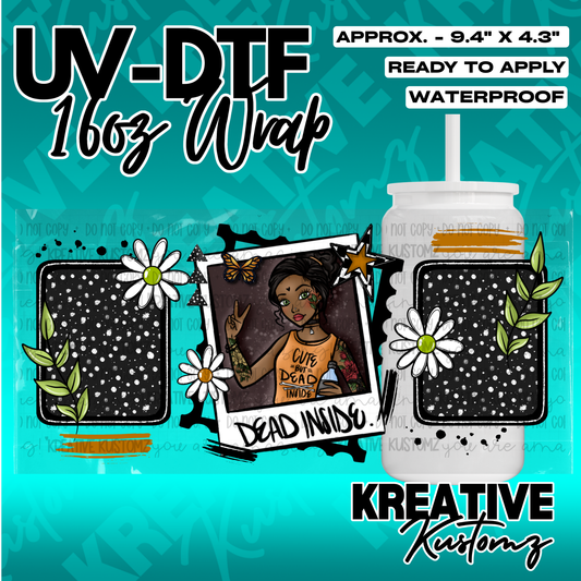 A UV DTF adhesive wrap for 16oz glass cans featuring a polaroid-style design with floral accents.
