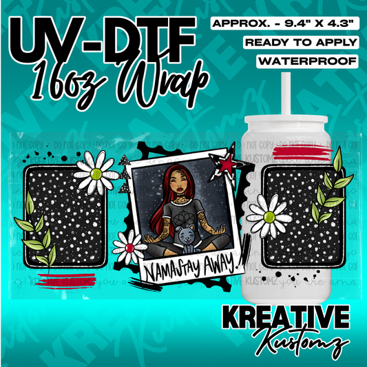 A UV DTF cup wrap featuring a central illustration of a woman meditating with a cat.