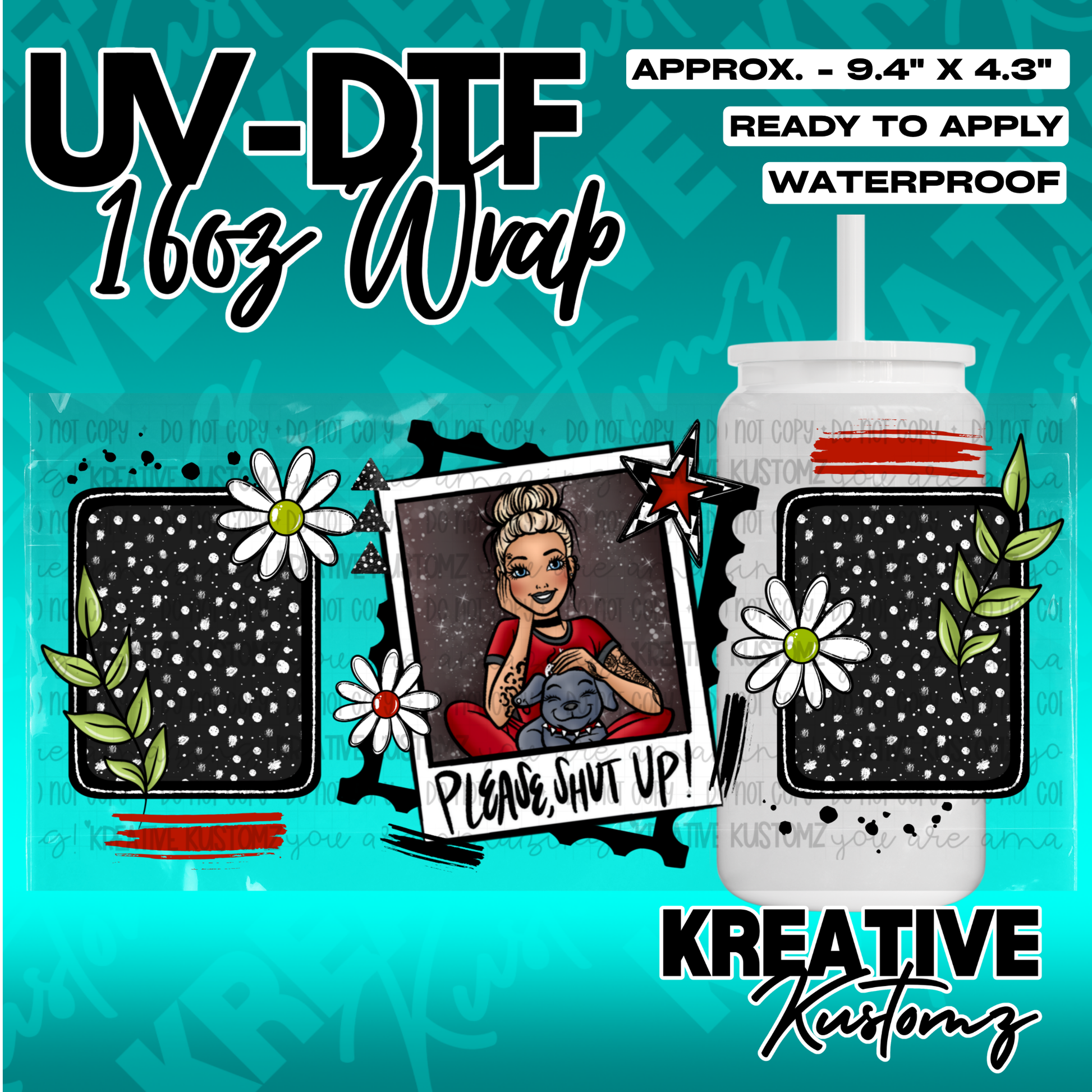 A UV DTF adhesive wrap for a 16oz glass cup featuring a girl with a dog and daisy accents.