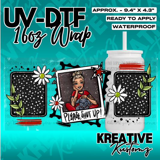 A UV DTF adhesive wrap for a 16oz glass cup featuring a girl with a dog and daisy accents.
