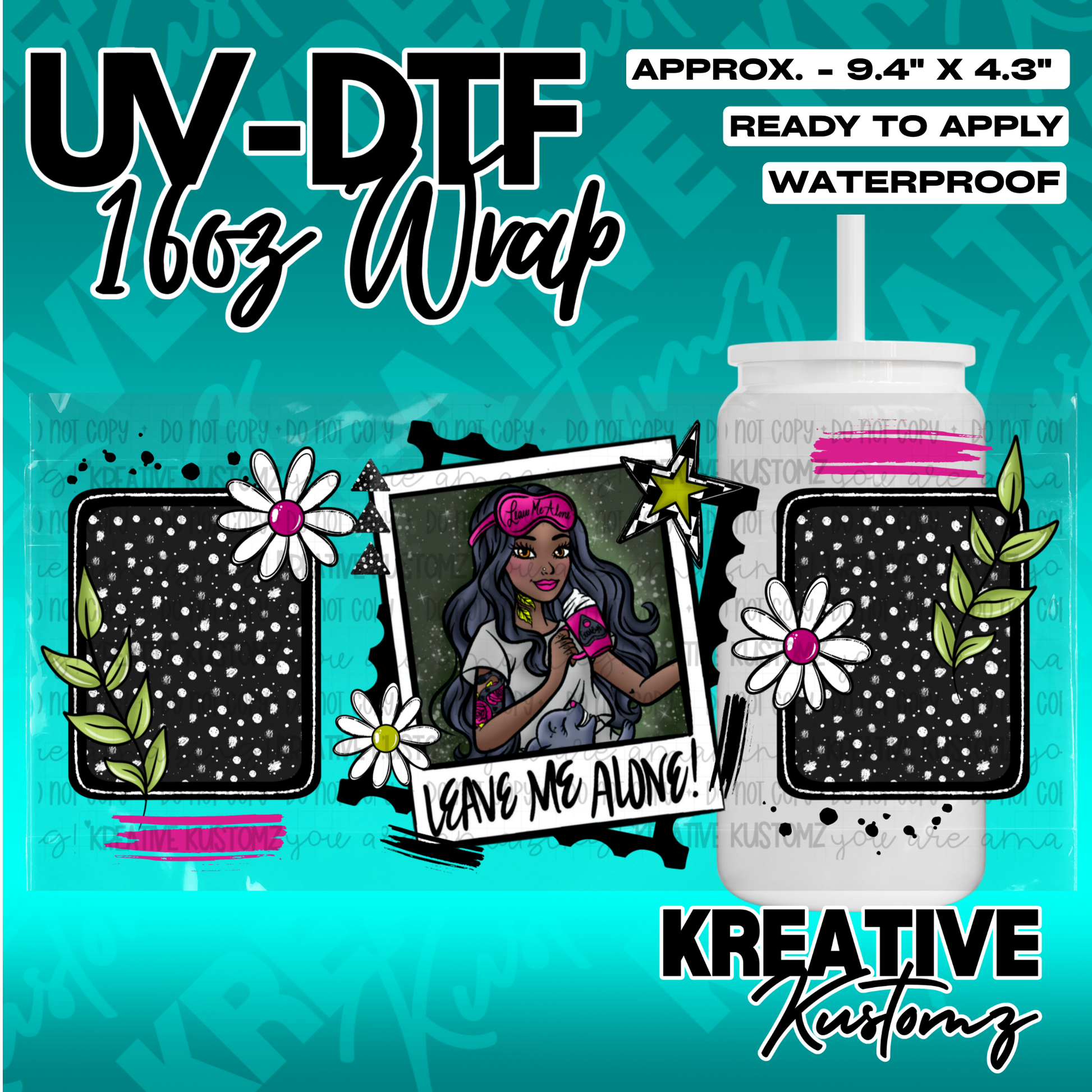 A UV DTF adhesive wrap for a 16oz glass cup featuring a girl in a photo frame with floral accents.
