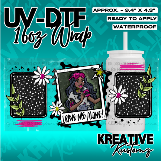 A UV DTF adhesive wrap for a 16oz glass cup featuring a girl in a photo frame with floral accents.