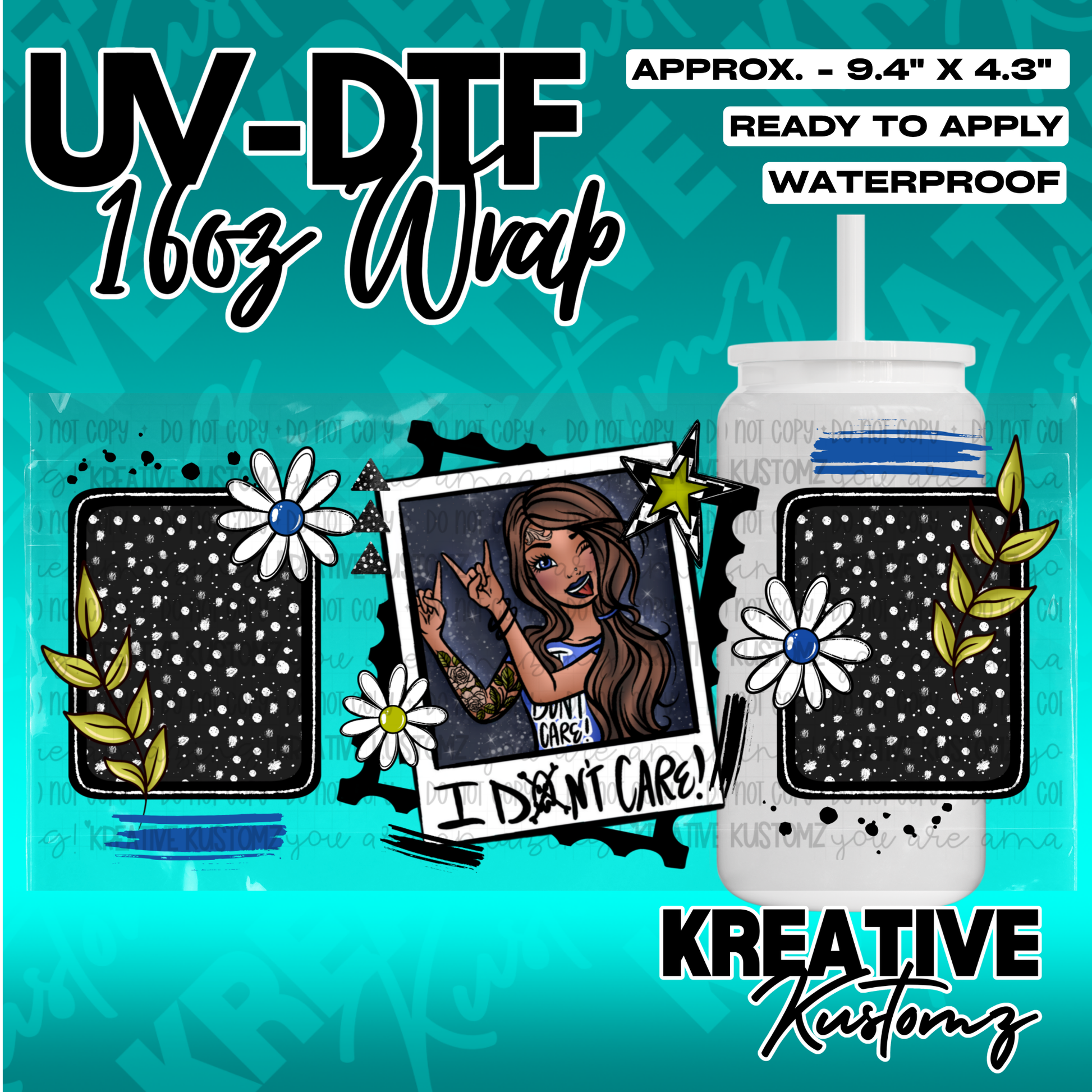 A UV DTF cup wrap featuring a girl in a polaroid frame with floral and polka dot accents.