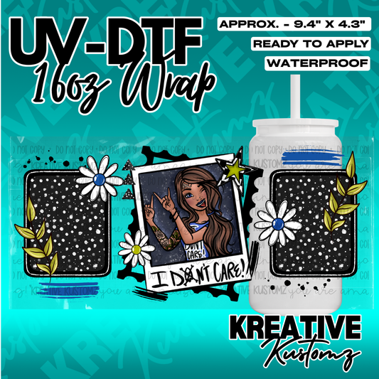 A UV DTF cup wrap featuring a girl in a polaroid frame with floral and polka dot accents.