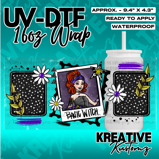 A UV DTF cup wrap featuring a witch illustration, daisies, and black polka dot panels.