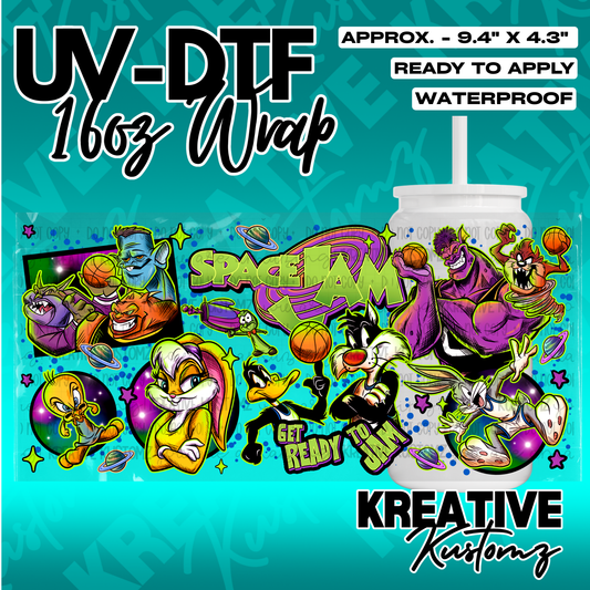 A Space Jam themed UV DTF adhesive wrap for a 16oz glass cup featuring various cartoon characters.