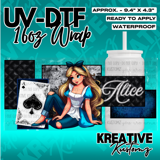 An Alice in Wonderland themed UV DTF adhesive wrap for a 16oz glass cup.