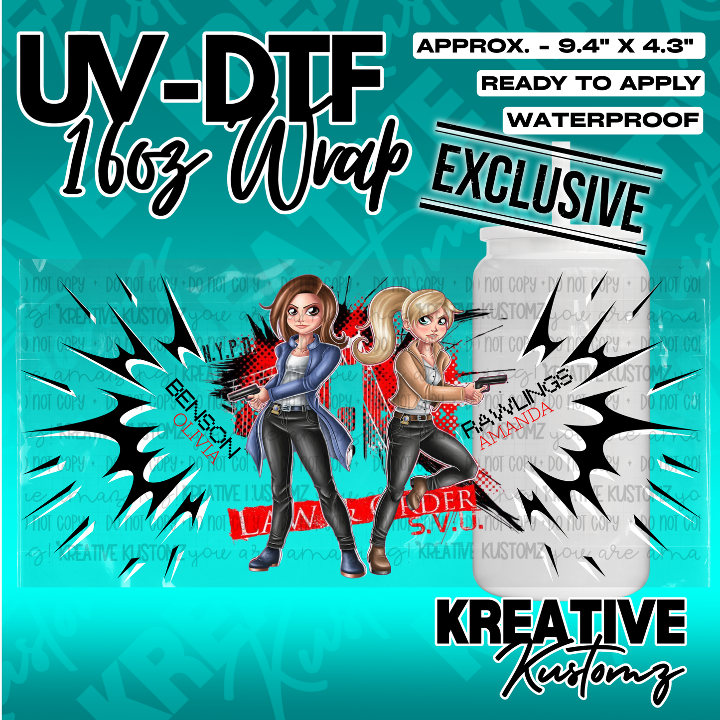 A Law and Order SVU themed UV DTF adhesive wrap for a 16oz glass cup.