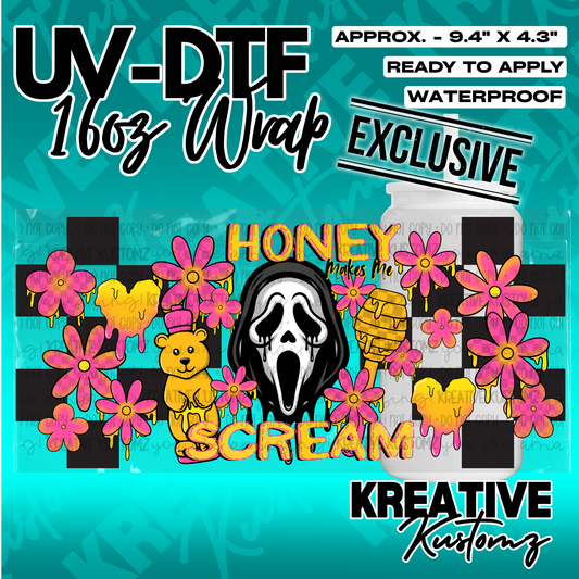 A UV DTF cup wrap featuring a Ghostface mask, honey bear, and flowers on a checkered background.