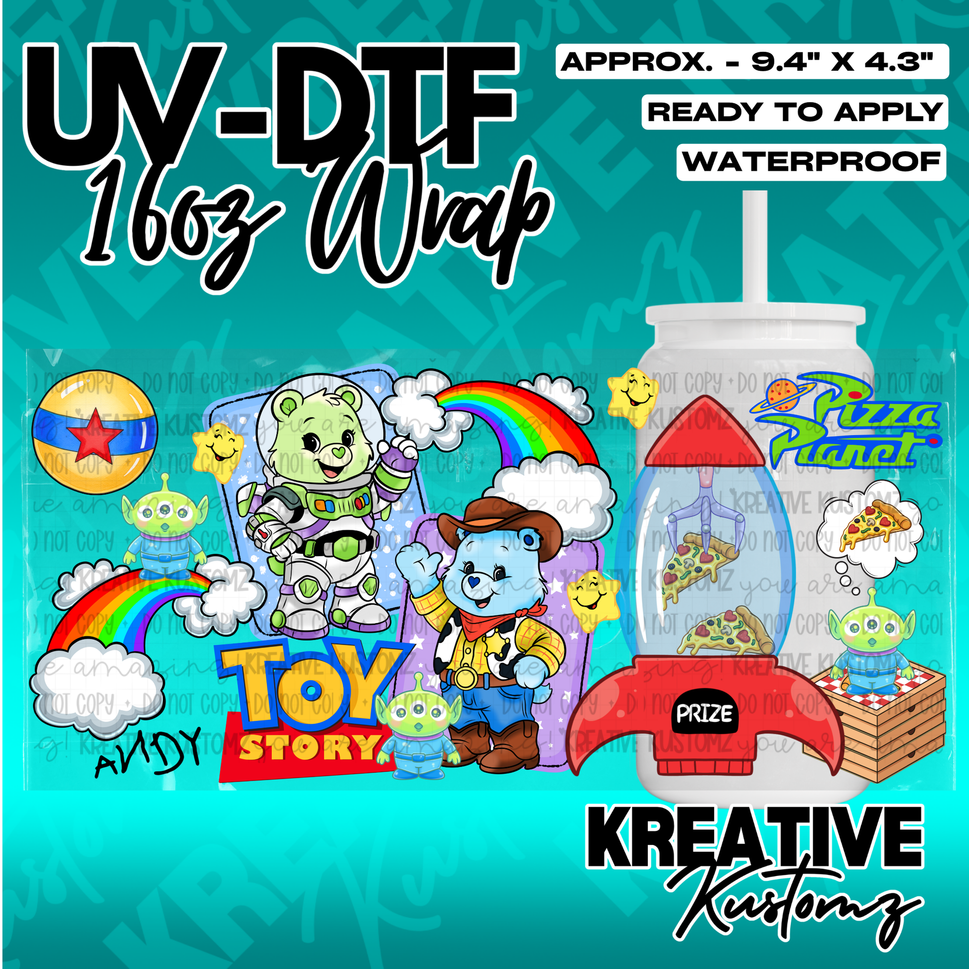 A UV DTF adhesive wrap for a 16oz glass cup featuring Toy Story and Care Bears characters.