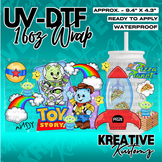 A UV DTF adhesive wrap for a 16oz glass cup featuring Toy Story and Care Bears characters.
