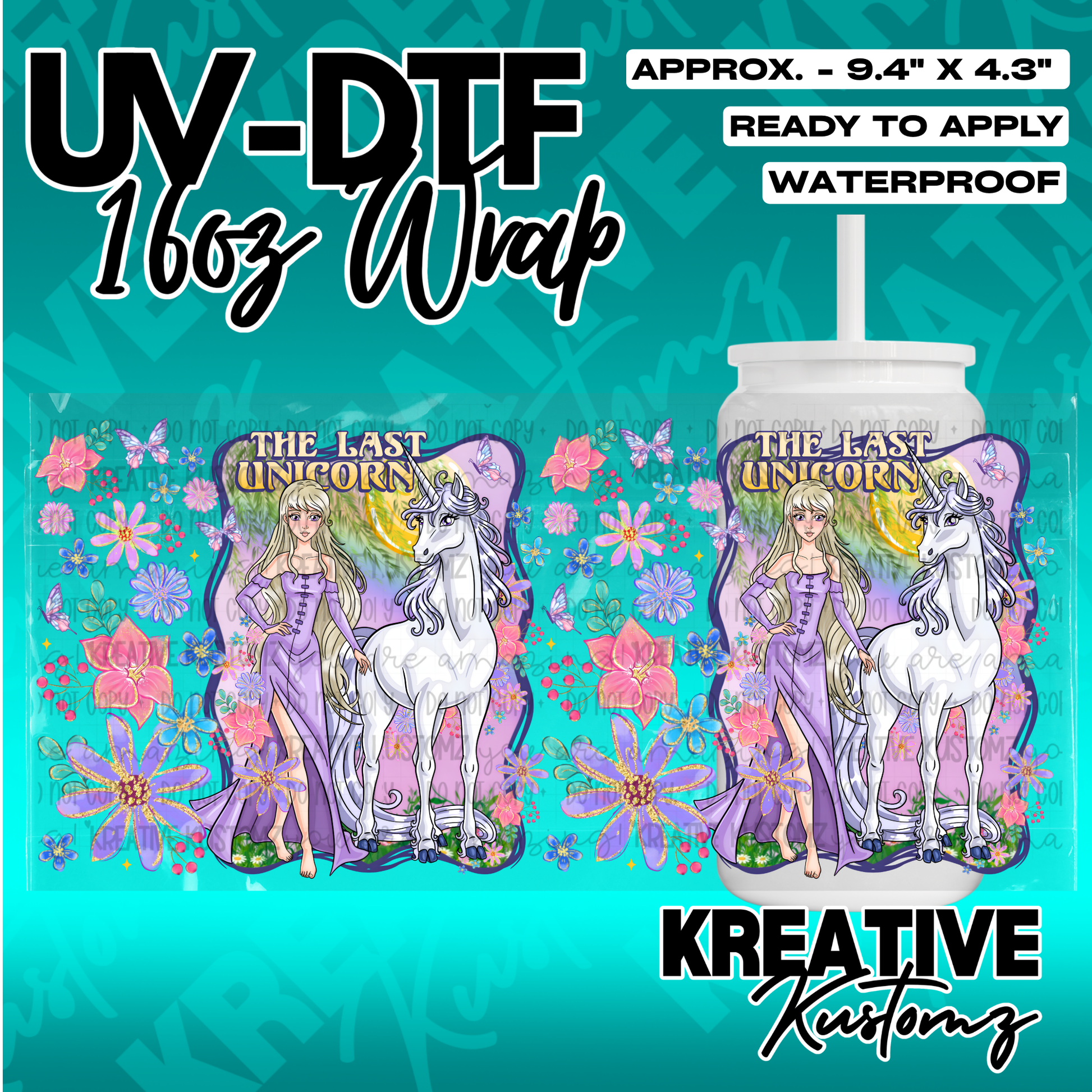 A floral UV DTF cup wrap featuring The Last Unicorn design for 16oz glass cans.