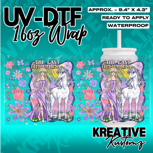 A floral UV DTF cup wrap featuring The Last Unicorn design for 16oz glass cans.