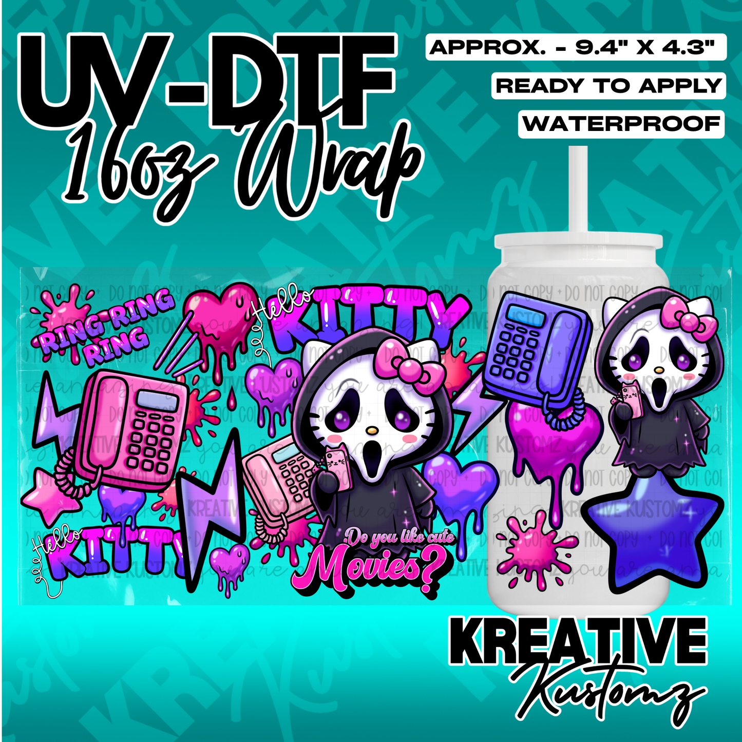 A vibrant UV DTF adhesive wrap featuring a Hello Kitty ghostface design for 16oz glass cans.