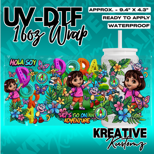 A Dora the Explorer themed UV DTF adhesive wrap for a 16oz glass cup.