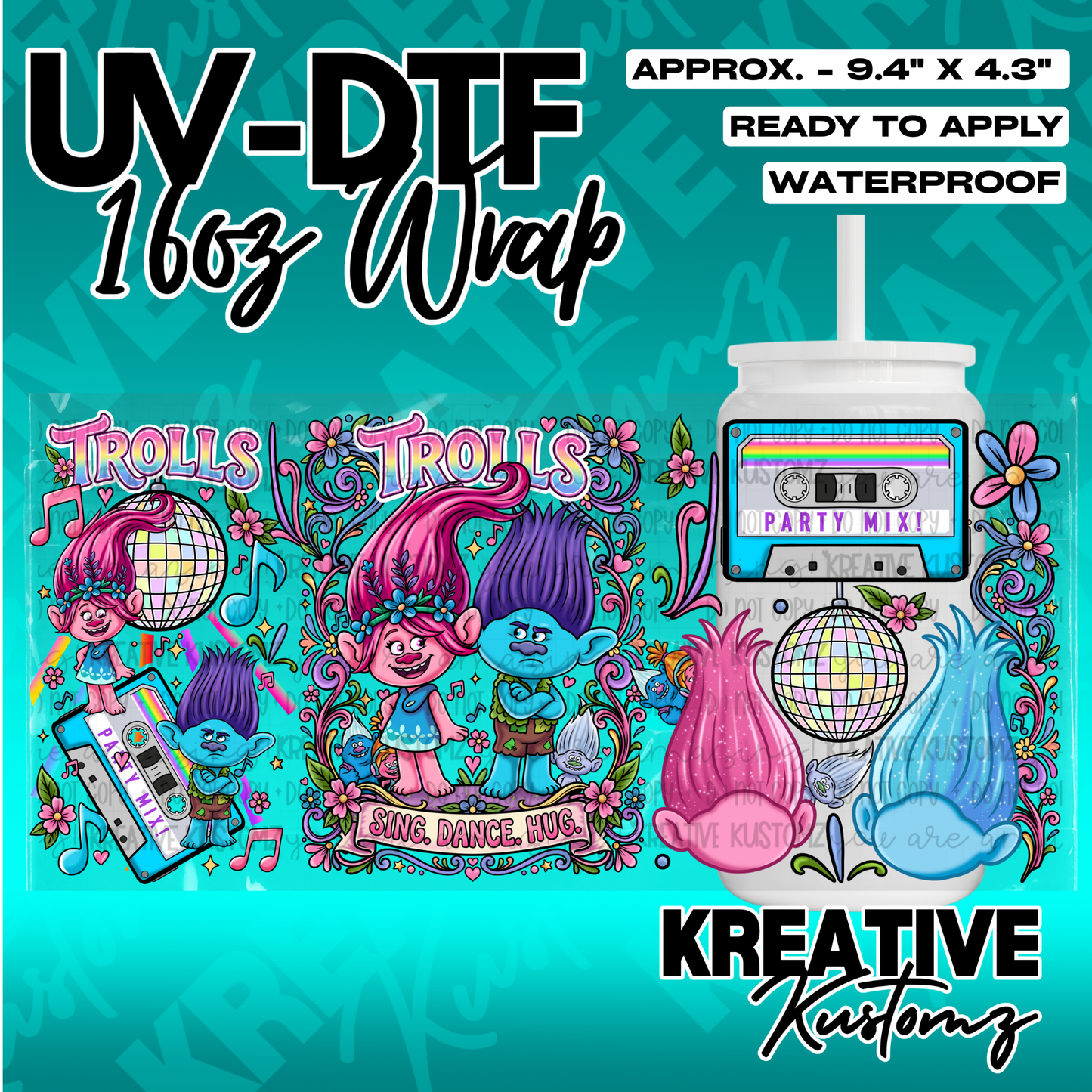 A Trolls themed UV DTF adhesive wrap for a 16oz glass cup featuring colorful character designs.