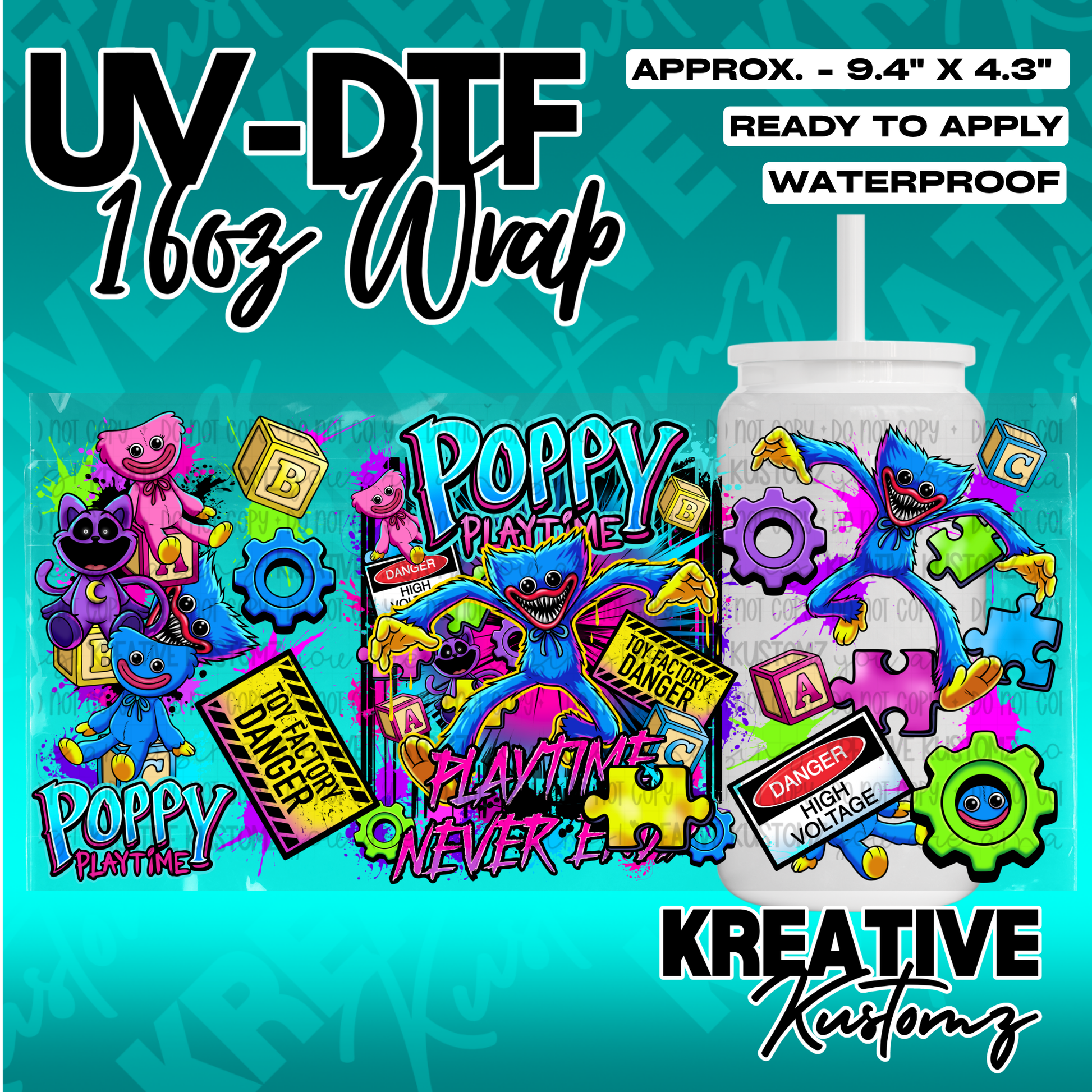 A vibrant Poppy Playtime themed UV DTF adhesive wrap for a 16oz glass can.