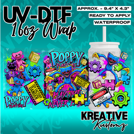 A vibrant Poppy Playtime themed UV DTF adhesive wrap for a 16oz glass can.