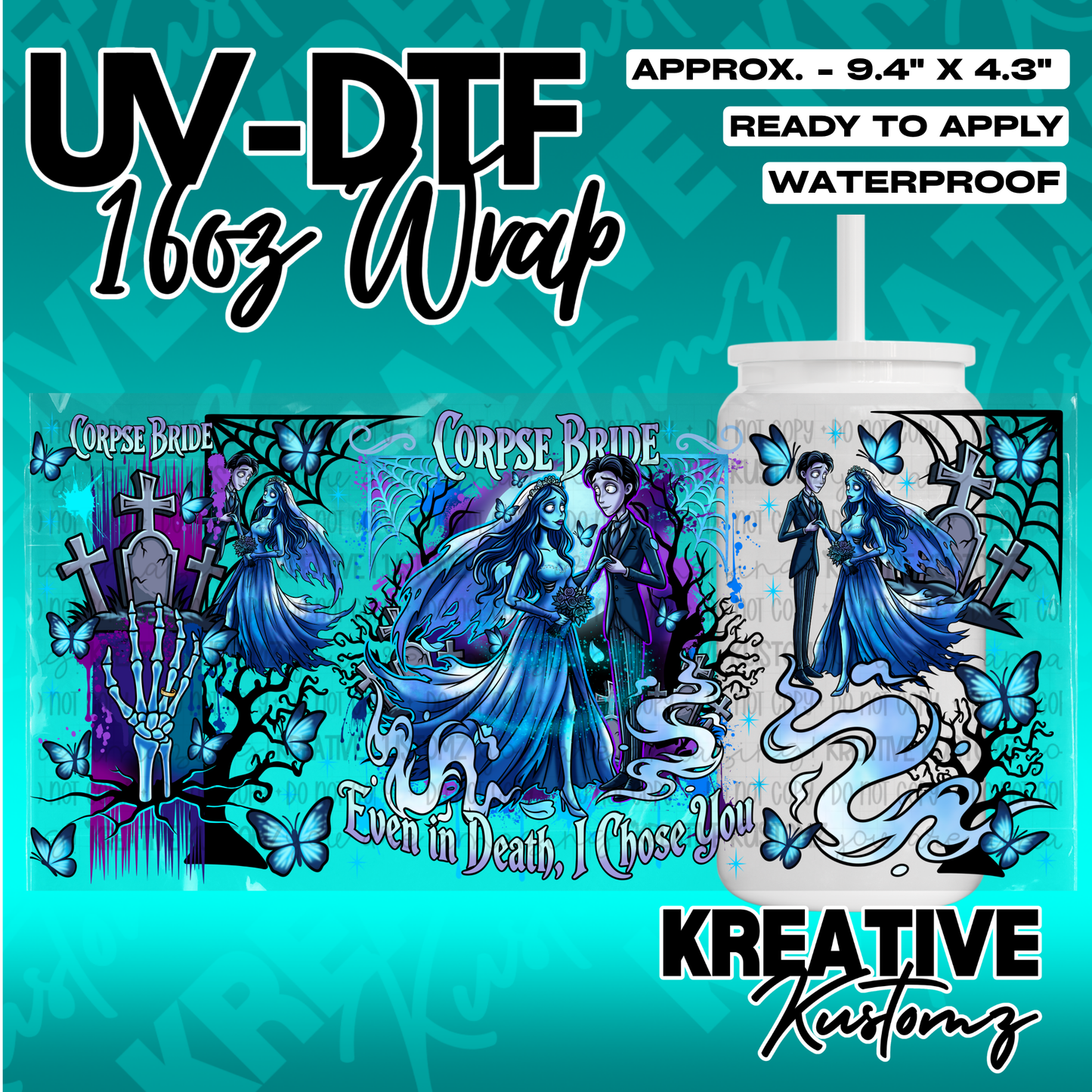A Corpse Bride themed UV DTF adhesive wrap for a 16oz glass can.