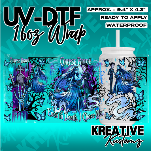 A Corpse Bride themed UV DTF adhesive wrap for a 16oz glass can.