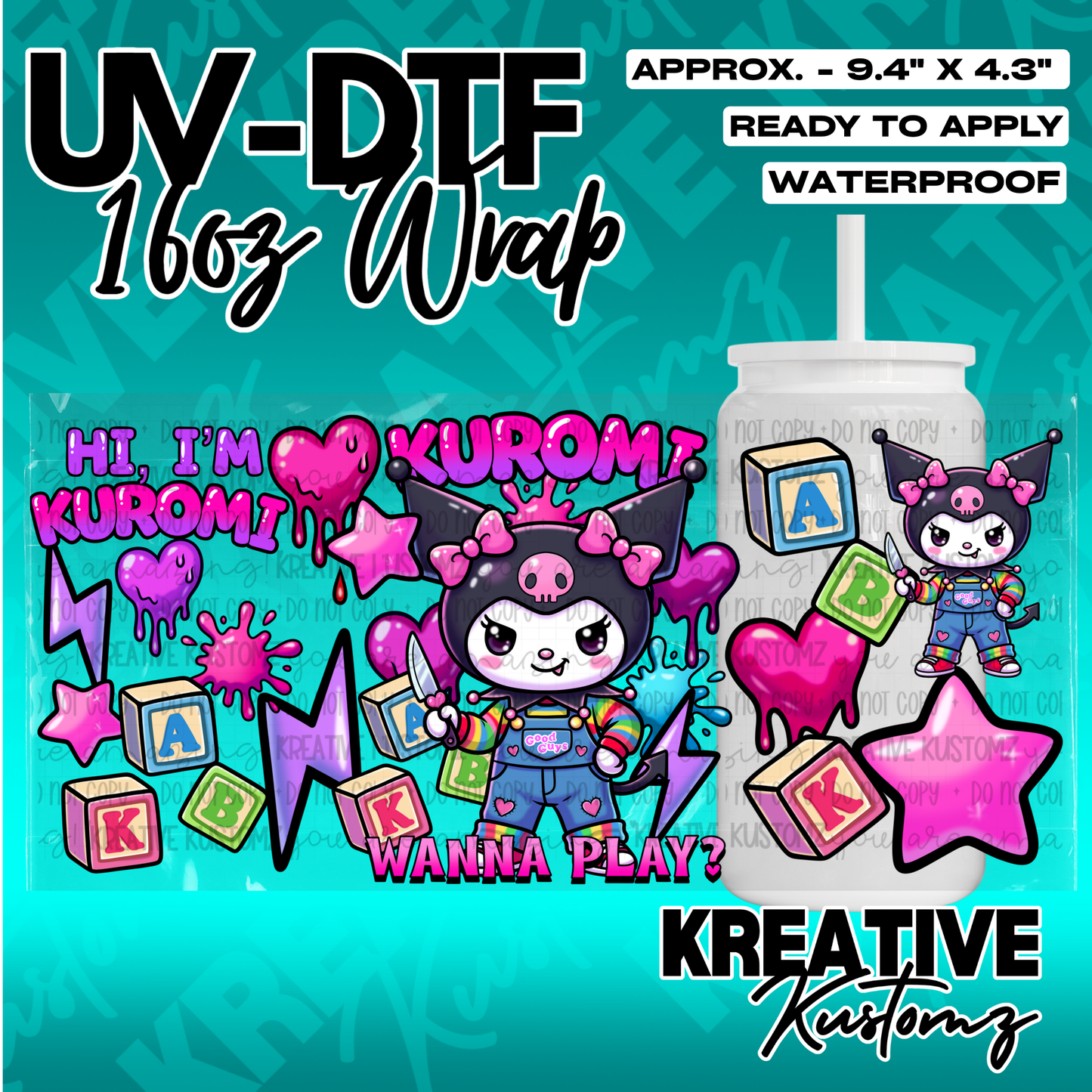 A Kuromi themed UV DTF adhesive wrap for 16oz glass cans featuring a horror movie inspired design.