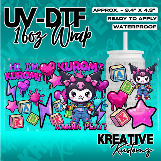 A Kuromi themed UV DTF adhesive wrap for 16oz glass cans featuring a horror movie inspired design.