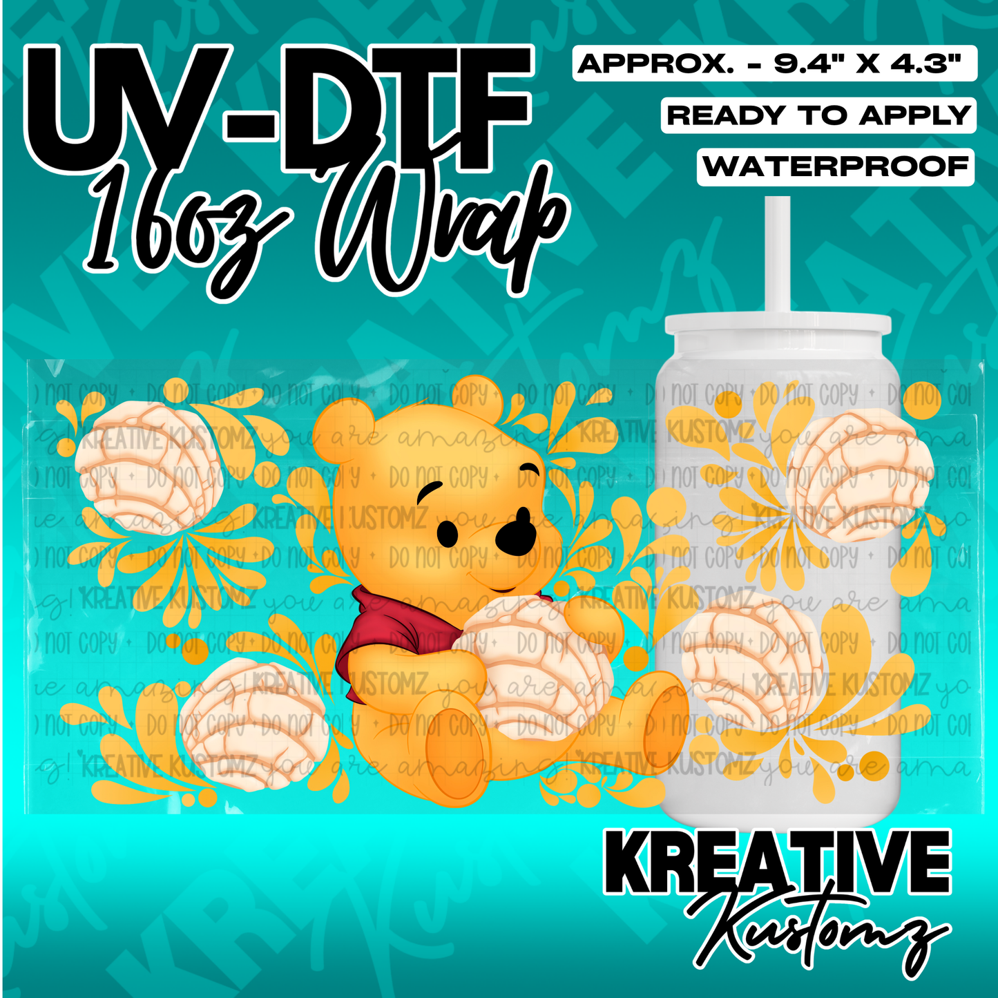 A UV DTF adhesive wrap for a 16oz glass cup featuring Winnie the Pooh and concha bread designs.