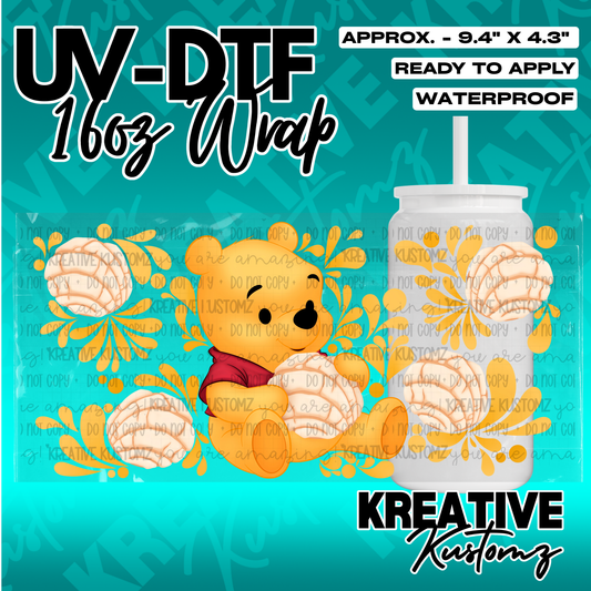 A UV DTF adhesive wrap for a 16oz glass cup featuring Winnie the Pooh and concha bread designs.