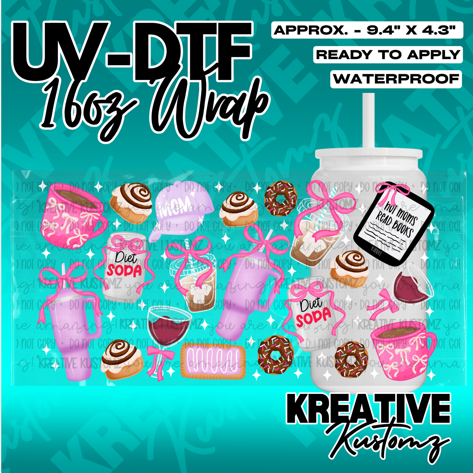 A UV DTF adhesive wrap for a 16oz glass cup featuring a pattern of pink bows, snacks, and drinks.