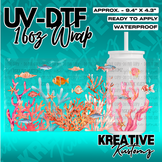 A waterproof UV DTF decal wrap for a 16oz glass cup featuring a colorful coral reef fish design.